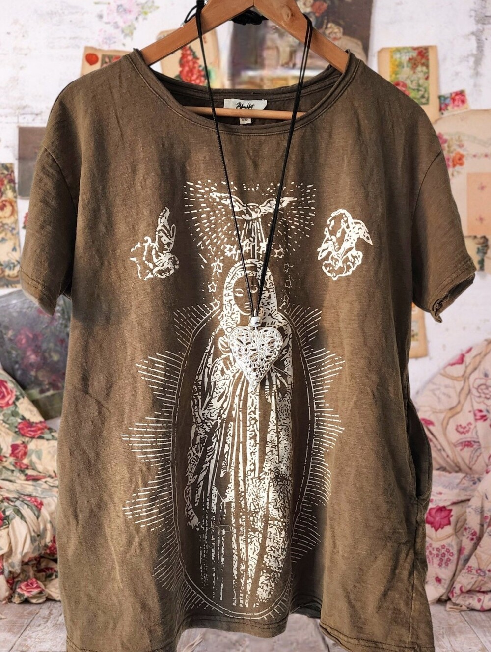 Magnolia Style Olive Graphic Virgin Mary Tee Boho T-shirt Bohemian Hippie Top S